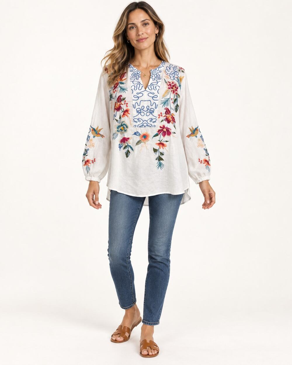 Johnny Was Miro Easy Blouse White Floral Hummingbird Embroidered Cotton Large